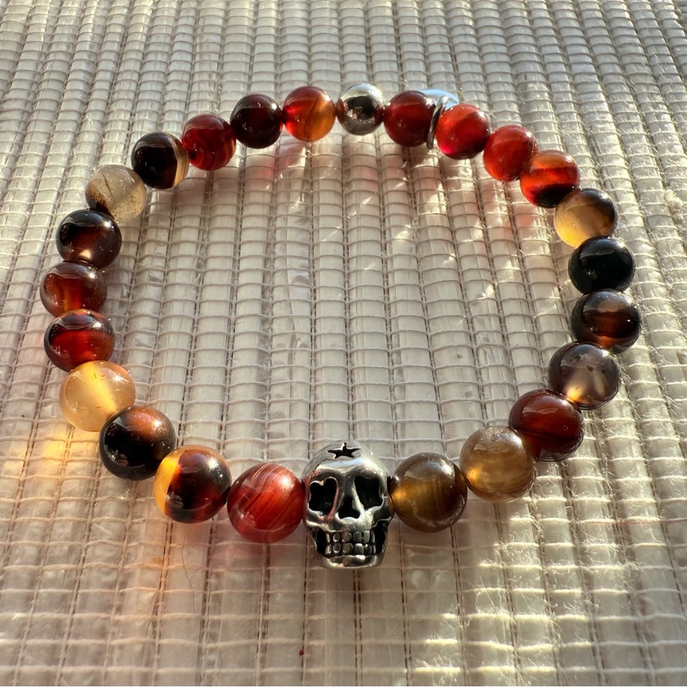 Carnelian Gemstone Beaded Stretch Bracelet with Skull & #Blessed Charm – 8”